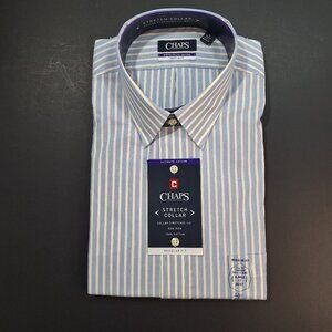 Chaps Men’s XL Blue White Striped Dress Shirt No Iron Stretch Collar NWT Office